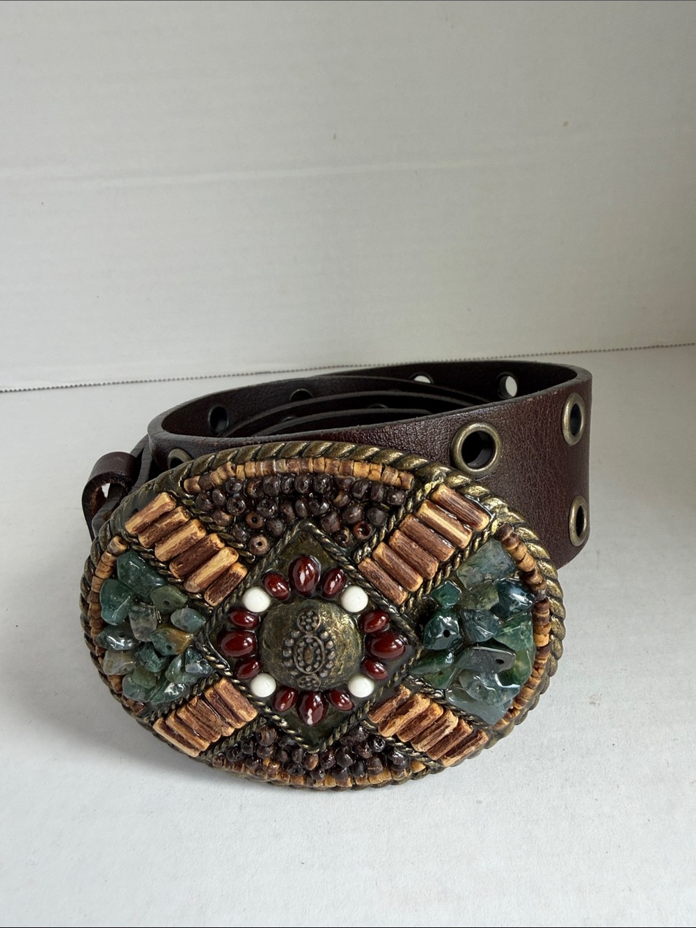 CAbi Brown Leather Boho Mosaic Beaded Buckle Belt